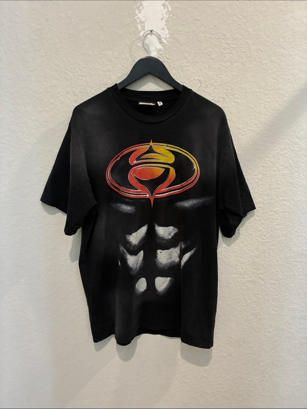 Men's Black Short-Sleeve Graphic Tee with Red and Yellow Emblem